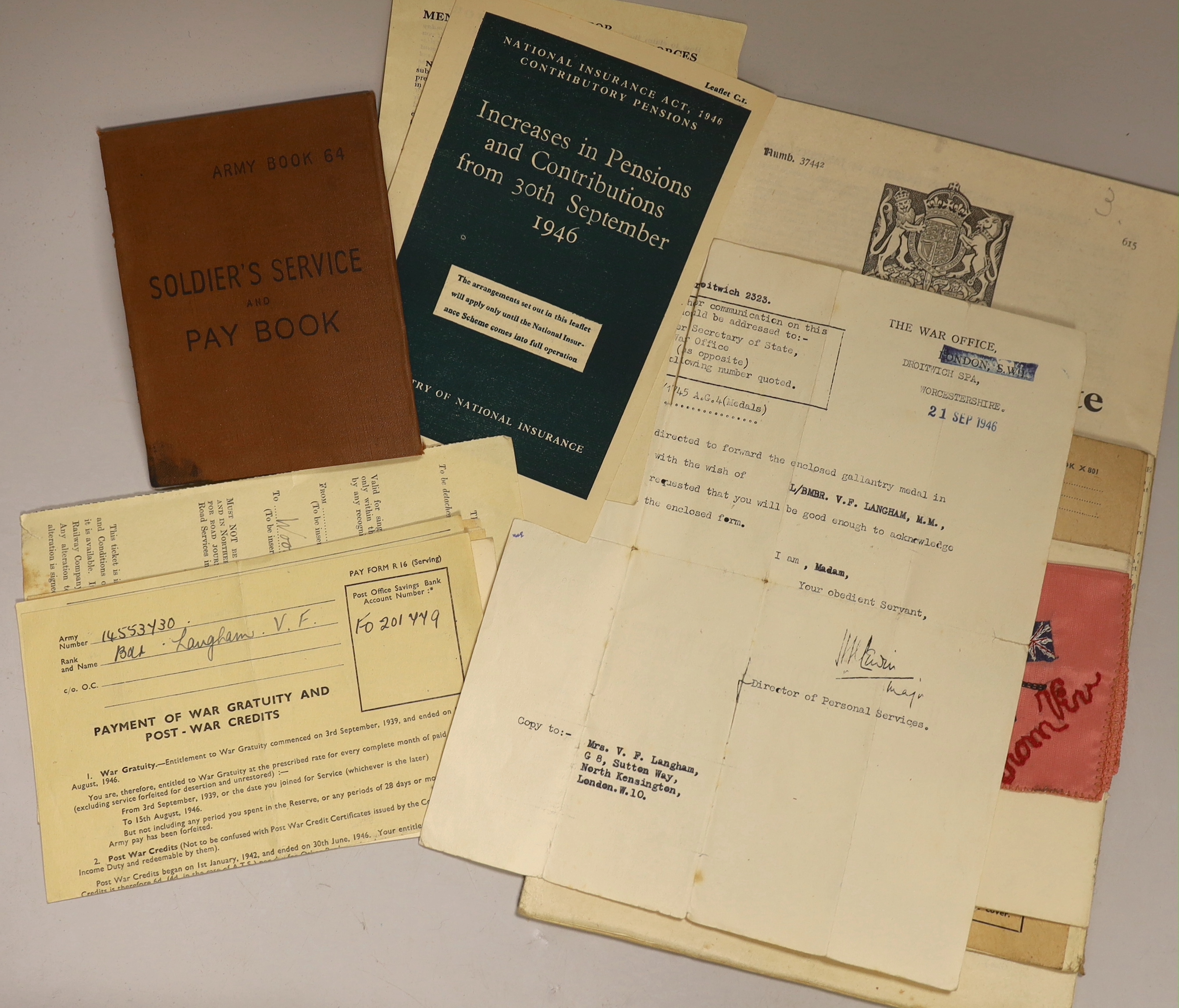 A WW2 military medal group of five to 14553730 Lance Bombadier Vivian Francis Langham R.A. and accompanying documentation